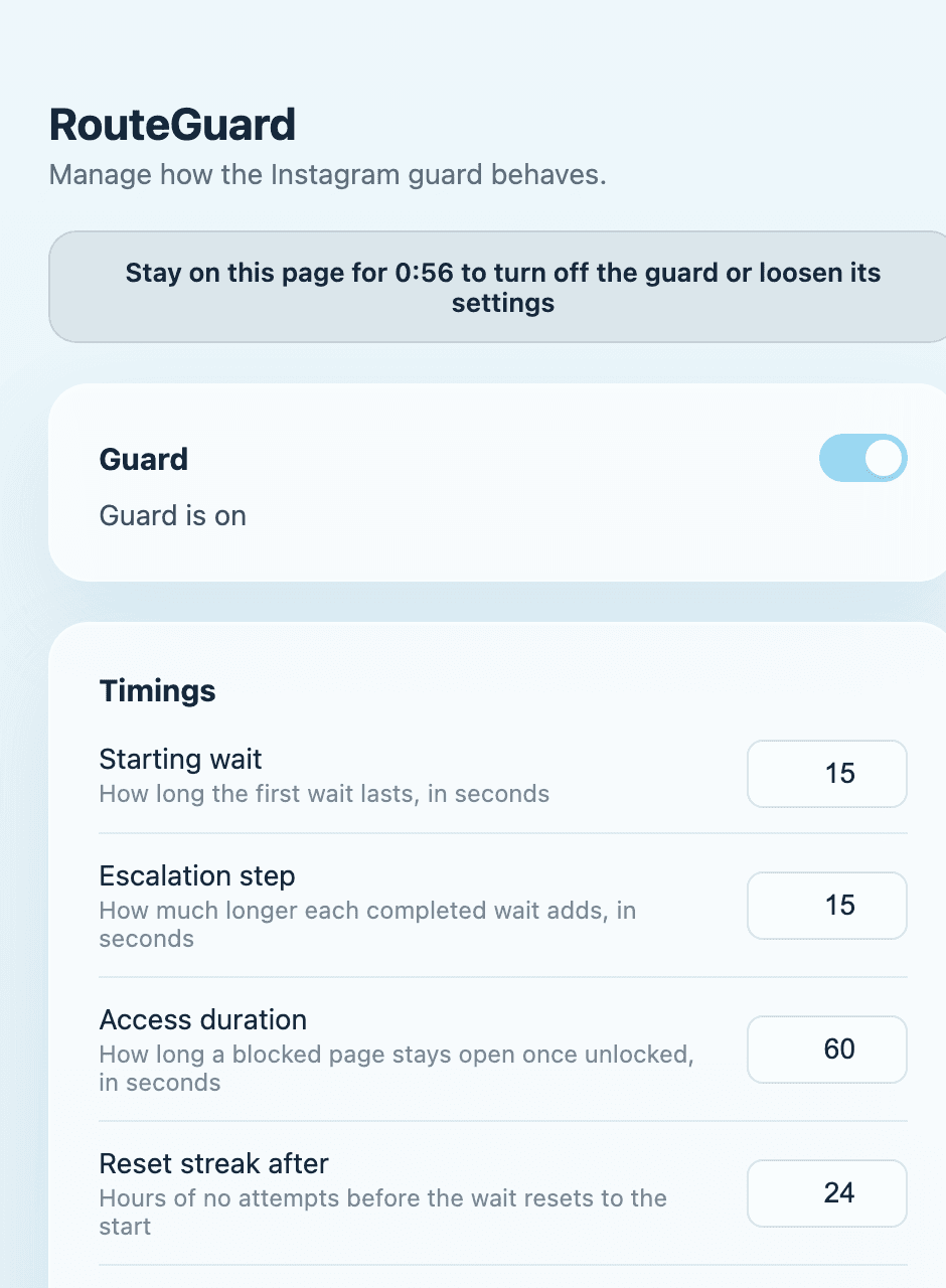 The settings page showing the unlock banner, the guard toggle, and the timing fields.