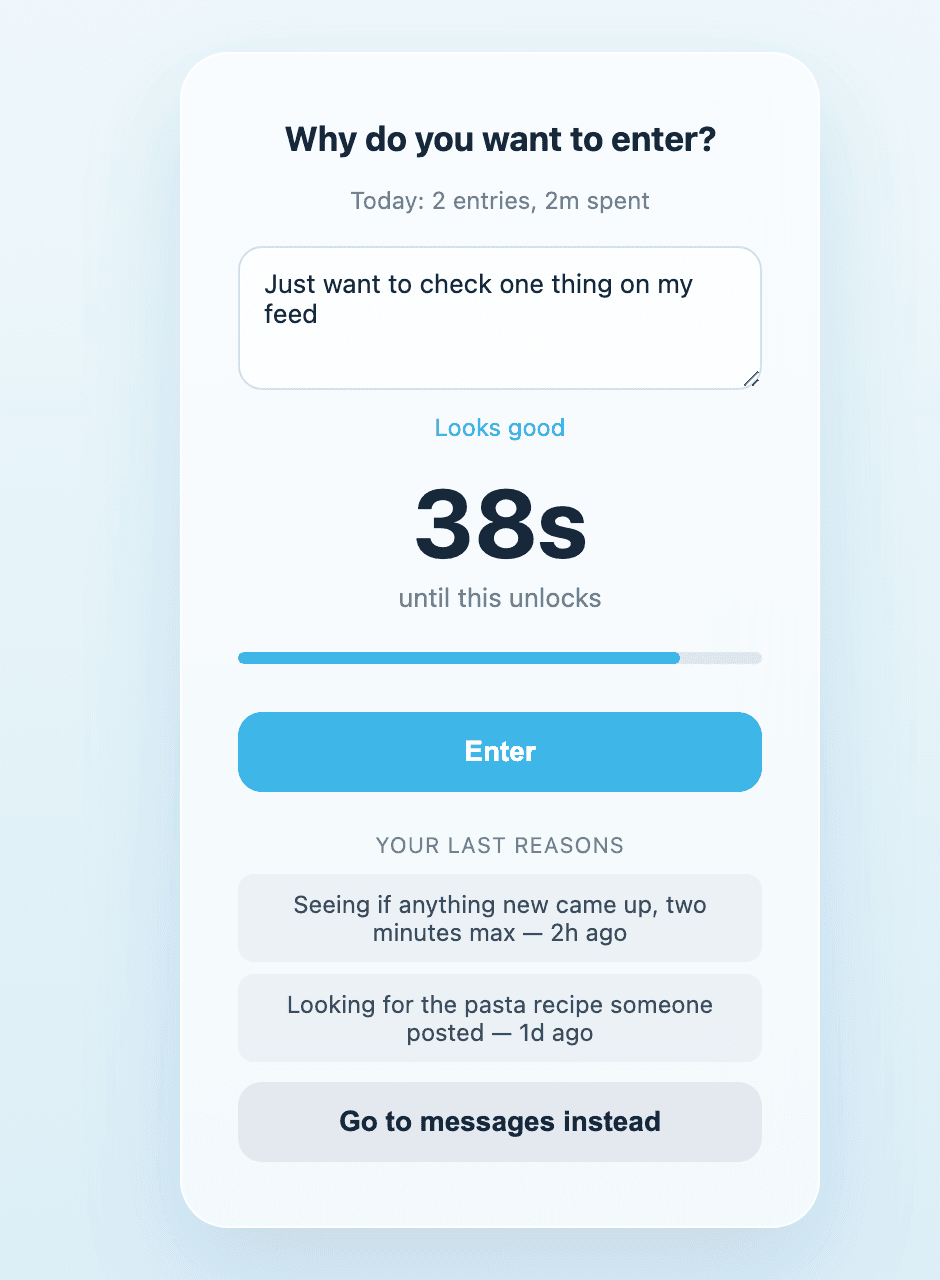The wait screen: a question, a typed reason, a 38 second countdown, and the two most recent reasons.
